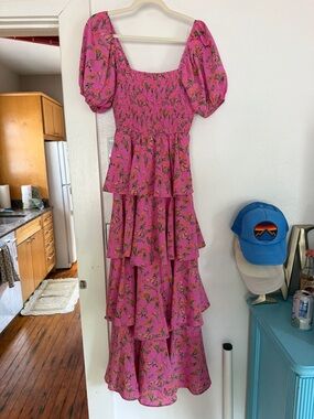 Magenta Floral Tiered Maxi Dress with Puff Sleeves